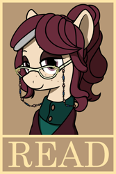 Size: 1100x1650 | Tagged: safe, artist:alexi148, derpibooru import, oc, oc only, oc:isadora inkwell, pony, clothes, female, freckles, glasses, librarian, looking at you, mare, poster, read, solo