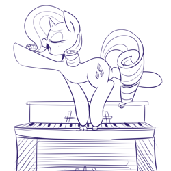 Size: 2000x2000 | Tagged: safe, artist:maren, derpibooru import, rarity, pony, unicorn, 2014, bipedal, dancing, doodle, eyes closed, female, high res, mare, musical instrument, old art, open mouth, piano, simple background, solo, white background