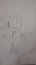 Size: 585x1040 | Tagged: safe, artist:maren, derpibooru import, rarity, pony, unicorn, 2015, blowing a kiss, doodle, female, looking back, mare, old art, one eye closed, raised hoof, raised leg, sitting, solo, traditional art