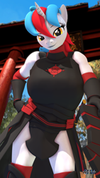 Size: 1080x1920 | Tagged: safe, artist:anthroponiessfm, derpibooru import, oc, oc:audina puzzle, anthro, unicorn, 3d, anthro oc, armor, big breasts, breasts, clothes, female, gloves, looking at you, shield, shoes, smug, source filmmaker, sword, weapon