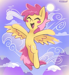 Size: 1289x1390 | Tagged: safe, artist:anarquer, derpibooru import, dizzy twister, orange swirl, pegasus, pony, background pony, cloud, eyes closed, female, flying, happy, mare, mountain, sky, smiling, spread wings, sun, wings