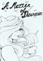 Size: 2448x3479 | Tagged: safe, artist:longinius, derpibooru import, princess celestia, twilight sparkle, twilight sparkle (alicorn), alicorn, anthro, comic:a matter of discretion, blushing, duo, duo female, female, lesbian, lipstick, looking at you, monochrome, shipping, text, traditional art, twilestia