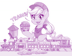 Size: 1280x1003 | Tagged: safe, artist:dstears, derpibooru import, applejack, earth pony, pony, clothes, cute, ear fluff, ears, female, jackabetes, looking at you, mare, model train, monochrome, simple background, smiling, smiling at you, solo, train, train station, white background