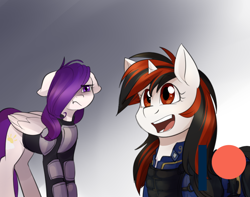 Size: 950x750 | Tagged: safe, artist:cosmalumi, derpibooru import, oc, oc:blackjack, oc:morning glory (project horizons), pegasus, pony, unicorn, fallout equestria, fallout equestria: project horizons, armor, clothes, cute, duo, ears, floppy ears, patreon, patreon logo, smiling