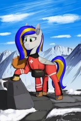 Size: 1200x1800 | Tagged: safe, artist:apuljack, derpibooru import, oc, oc only, oc:eagle fly, pegasus, clothes, female, mare, medic bag, mountain, mountain rescue, stretcher, uniform