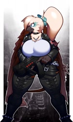 Size: 770x1280 | Tagged: safe, artist:0r0ch1, derpibooru import, oc, oc:gwynn, anthro, griffon, bangs, big breasts, boots, bow, breasts, chains, choker, city, cityscape, clothes, female, griffon oc, gun, hair bow, jacket, jewelry, leather, leather jacket, leonine tail, looking offscreen, necklace, ponytail, shoes, solo, tail, thigh boots, thighs, thunder thighs, weapon, white shirt, wings