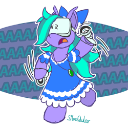 Size: 2948x2948 | Tagged: safe, artist:silvaqular, derpibooru import, oc, oc:cyanette, earth pony, semi-anthro, balancing, blinded, bow, clothes, dress, elf ears, fear, headphones, headset, microphone, panic, scared, screaming, solo, stumbling, virtual reality, vr headset, wave, waving