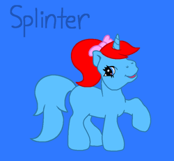 Size: 753x698 | Tagged: safe, artist:mlpfanboy579, derpibooru import, bird, pony, unicorn, g3, blue background, blue eyes, blue tail, female, filly, foal, full body, hooves, ponified, raised hoof, raised leg, red hair, red mane, simple background, smiling, solo, standing, tail, the new woody woodpecker show, woodpecker, woody woodpecker (series)