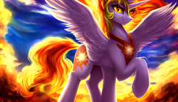 Size: 2464x1408 | Tagged: safe, derpibooru import, editor:mr-bat, generator:stable diffusion, machine learning generated, daybreaker, pony, armor, blue skies, breastplate, fire, looking at you, mane of fire, plate armor, raised hoof, raised leg, slim, smiling, solo, spread wings, white body, wings