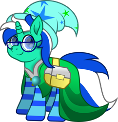 Size: 2085x2150 | Tagged: safe, artist:lincolnbrewsterfan, derpibooru exclusive, derpibooru import, oc, oc only, oc:rainy, unicorn, .svg available, 2023 community collab, bag, blue, blue eyes, brooch, cape, clothes, derpibooru community collaboration, glasses, hat, horn, inkscape, jewelry, looking at you, mage, male, movie accurate, no base, pin, saddle bag, simple background, smiling, smiling at you, socks, solo, stallion, stallion oc, striped mane, striped socks, striped tail, svg, tail, transparent background, two toned mane, two toned tail, unicorn oc, vector, wizard hat