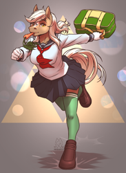 Size: 1642x2244 | Tagged: safe, artist:mykegreywolf, derpibooru import, anthro, horse, unguligrade anthro, bag, breasts, carrot, clothes, coat markings, epona, female, food, japanese, long sleeved shirt, long sleeves, mare, mouth hold, running, sailor uniform, school uniform, schoolgirl, schoolgirl toast, shirt, shoes, short skirt, skirt, socks, socks (coat marking), solo, the legend of zelda, thigh highs, thigh socks, triforce, uniform