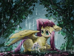 Size: 2160x1620 | Tagged: safe, artist:lendftcn, derpibooru import, angel bunny, fluttershy, pegasus, pony, duo, ears, female, film grain, floppy ears, lying down, mare, prone, rain, wing umbrella, wings