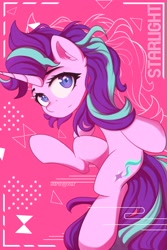 Size: 2000x3000 | Tagged: safe, artist:stravy_vox, derpibooru import, starlight glimmer, pony, unicorn, abstract background, female, looking at you, mare, messy mane, smiling, solo