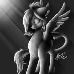 Size: 1024x1024 | Tagged: safe, artist:avroras_world, derpibooru import, oc, oc only, pegasus, pony, chest fluff, eyes closed, female, grayscale, mare, monochrome, pegasus oc, signature, smiling, solo, wings