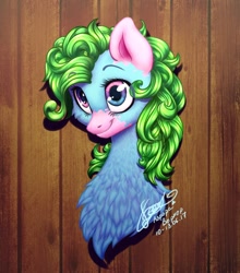 Size: 900x1024 | Tagged: safe, alternate version, artist:avroras_world, derpibooru import, oc, oc only, pony, bust, chest fluff, eyelashes, female, mare, signature, smiling, solo