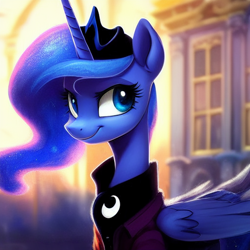 Size: 1024x1024 | Tagged: safe, derpibooru import, editor:dovakkins, generator:novelai, generator:stable diffusion, machine learning generated, princess luna, alicorn, pony, beautiful, clothes, crown, cutie mark on clothes, female, jacket, jewelry, mare, missing accessory, regalia, smiling, solo