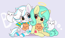 Size: 3000x1767 | Tagged: safe, artist:yomechka, derpibooru import, oc, oc only, ghost, pony, undead, unicorn, candle, chibi, commission, duo, eye clipping through hair, halo, horn, pumpkin bucket, sitting, smiling, unicorn oc, ych result