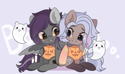 Size: 3000x1767 | Tagged: safe, artist:yomechka, derpibooru import, oc, oc only, ghost, pegasus, pony, undead, candle, chibi, clothes, commission, duo, eye clipping through hair, pegasus oc, pumpkin bucket, sitting, smiling, socks, wings, ych result