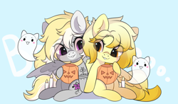 Size: 3000x1767 | Tagged: safe, artist:yomechka, derpibooru import, oc, oc only, ghost, pegasus, pony, undead, candle, chibi, choker, commission, duo, eye clipping through hair, pegasus oc, pumpkin bucket, sitting, smiling, wings, ych result