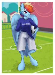 Size: 1330x1820 | Tagged: safe, artist:laloplya, derpibooru import, rainbow dash, anthro, pegasus, unguligrade anthro, clothes, eyelashes, female, football, shorts, solo, sports, wings