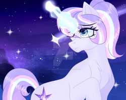 Size: 1280x1014 | Tagged: safe, artist:existencecosmos188, derpibooru import, oc, oc only, pony, unicorn, deviantart watermark, female, glowing, glowing horn, horn, mare, night, obtrusive watermark, one eye closed, outdoors, shooting star, solo, stars, unicorn oc, watermark, wink