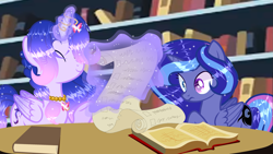 Size: 3099x1743 | Tagged: safe, artist:existencecosmos188, derpibooru import, oc, oc only, oc:existence, alicorn, pony, alicorn oc, book, bookshelf, ethereal mane, female, glowing, glowing horn, heterochromia, horn, indoors, magic, mare, parent:princess luna, scroll, starry mane, telekinesis, wide eyes, wings