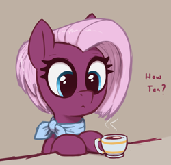 Size: 2150x2070 | Tagged: safe, artist:t72b, derpibooru import, jasmine leaf, earth pony, pony, cup, female, food, looking at something, mare, neckerchief, simple background, sitting, solo, tea, teacup