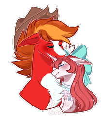 Size: 900x1000 | Tagged: safe, artist:purplegrim40, derpibooru import, oc, oc only, earth pony, pony, unicorn, bow, bust, chest fluff, choker, earth pony oc, eyes closed, female, hair bow, hat, horn, male, mare, nuzzling, oc x oc, shipping, simple background, stallion, straight, transparent background, unicorn oc