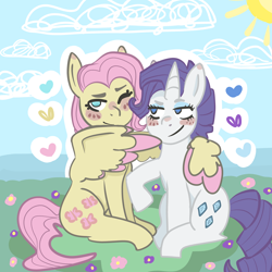 Size: 5000x5000 | Tagged: safe, artist:sapphireshoress, derpibooru import, fluttershy, rarity, pegasus, pony, unicorn, absurd resolution, blushing, colored wings, colored wingtips, commission, female, flarity, heart, hug, lesbian, mare, no pupils, one eye closed, shipping, sitting, winghug, wings