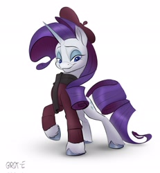 Size: 1896x2048 | Tagged: safe, artist:brdte, derpibooru import, rarity, pony, unicorn, beatnik rarity, beret, clothes, female, hat, lidded eyes, mare, raised hoof, raised leg, scarf, signature, simple background, smiling, solo, sweater, unshorn fetlocks, white background