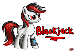 Size: 1024x712 | Tagged: safe, artist:adagiostring, derpibooru import, oc, oc only, oc:blackjack, pony, unicorn, fallout equestria, fallout equestria: project horizons, female, mare, pipbuck, simple background, smiling, solo, text, white background