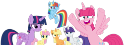 Size: 3162x1156 | Tagged: safe, artist:elementbases, artist:twilyisbestpone, derpibooru import, applejack, fluttershy, pinkie pie, rainbow dash, rarity, twilight sparkle, twilight sparkle (alicorn), alicorn, pony, alicornified, alternate hairstyle, applecorn, base used, female, fluttercorn, flying, happy, hooves up, lidded eyes, looking at you, mane six, mane swap, manebow sparkle, mare, open mouth, open smile, pinkiecorn, race swap, rainbowcorn, raricorn, simple background, smiling, transparent background, wings, xk-class end-of-the-world scenario