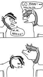 Size: 640x1136 | Tagged: safe, artist:php149, derpibooru import, oc, oc:lekonar, oc:minty root, pegasus, unicorn, angry, broken hearts, crying, dialogue, monochrome, rule 63