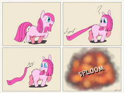 Size: 2048x1536 | Tagged: safe, artist:fluffsplosion, derpibooru import, pinkie pie, earth pony, fluffy pony, pony, butt fluff, comic, confused, explosion, female, fluffy, grenade, leg fluff, looking back, mare, onomatopoeia, open mouth, pinkamena diane pie, raised hoof, raised leg, shocked, shrunken pupils, smiling, solo, stuck, wide eyes