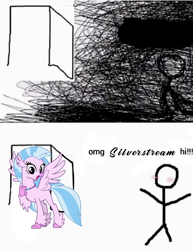 Size: 680x882 | Tagged: safe, derpibooru import, edit, editor:savygriffs, silverstream, classical hippogriff, hippogriff, 1000 hours in ms paint, meme, omg hi, stick figure