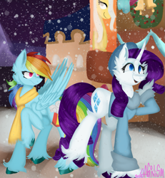 Size: 1041x1125 | Tagged: safe, artist:4agonism, derpibooru import, rainbow dash, rarity, pegasus, pony, unicorn, beret, cheek fluff, chest fluff, christmas, christmas wreath, clothes, colored hooves, commission, duo, duo female, ear fluff, ears, eyelashes, eyeshadow, female, fluffy, folded wings, frog (hoof), frown, happy, hat, holiday, hooves, horn, lesbian, lineless, makeup, mare, open mouth, open smile, raised hoof, raised leg, raridash, scarf, shipping, shopping, smiling, snow, snowfall, suspicious, sweater, underhoof, unshorn fetlocks, walking, wings, wreath