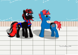 Size: 1574x1115 | Tagged: safe, artist:sorasleafeon, derpibooru import, oc, oc only, oc:shadow sora, oc:train track, pony, unicorn, clothes, duo, duo male, inkscape, looking back, male, original character do not steal, reupload, scarf, signature, slim, smiling, speedo, swimming pool, swimsuit, vector, water