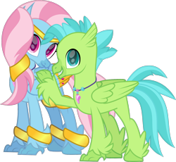 Size: 1294x1193 | Tagged: safe, artist:lincolnbrewsterfan, derpibooru exclusive, derpibooru import, oc, oc only, oc:bottlegriff, oc:wishgriff, classical hippogriff, hippogriff, my little pony: the movie, student counsel, .svg available, 2023 community collab, anklet, brooch, brother and sister, derpibooru community collaboration, duo, ear fins, female, folded wings, gem, gemstones, genie, hand on shoulder, headband, hippogriff oc, holding on, inkscape, jewelry, leaning, leaning forward, looking at you, male, movie accurate, necklace, not silverstream, not terramar, pearl necklace, raised leg, ring, sibling love, siblings, simple background, smiling, smiling at you, standing, svg, tail, talons, transparent background, two toned mane, two toned tail, vector, wings