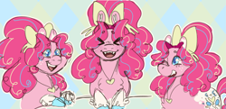 Size: 2063x1001 | Tagged: safe, artist:super-lemon-sama, derpibooru import, pinkie pie, earth pony, pony, alternate design, bow, eye clipping through hair, eyes closed, fangs, female, freckles, hair bow, jewelry, mare, necklace, open mouth, open smile, smiling, solo