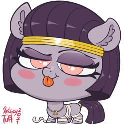Size: 800x800 | Tagged: safe, artist:wispy tuft, derpibooru import, oc, oc only, oc:mummydew, :p, ankh, blushing, bobblehead, chibi, egyptian, eyeshadow, female, filly, foal, headband, jewelry, makeup, mummy costume, qt, raised tail, red eyes, ring, simple background, smug, tail, tail ring, tongue, tongue out, transparent background