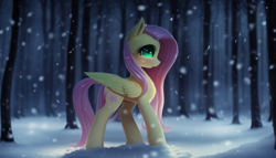 Size: 896x512 | Tagged: safe, derpibooru import, generator:stable diffusion, machine learning generated, fluttershy, pegasus, pony, amputee, cute, forest, missing limb, night, snow, solo
