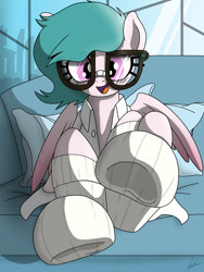 Size: 3000x4000 | Tagged: safe, artist:flaremoon, derpibooru import, oc, oc:hazy breeze, pegasus, clothes, fetish, frog (hoof), glasses, hoof fetish, lab coat, looking at you, pegasus oc, socks, sofa, underhoof