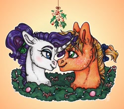 Size: 2636x2309 | Tagged: safe, artist:skior, derpibooru import, applejack, rarity, pony, female, holly, holly mistaken for mistletoe, lesbian, rarijack, shipping