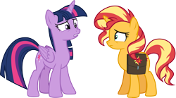 Size: 5397x3000 | Tagged: safe, artist:cloudyglow, derpibooru import, sunset shimmer, twilight sparkle, twilight sparkle (alicorn), alicorn, better together, equestria girls, forgotten friendship, bag, saddle bag, simple background, transparent background, vector