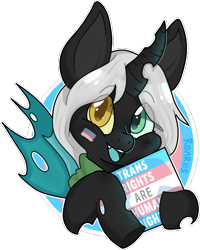 Size: 504x630 | Tagged: safe, artist:grimmbite, derpibooru import, oc, oc only, oc:king ao, changeling, cute, face paint, heterochromia, holding sign, horn, looking at you, pride, pride flag, simple background, smiling, smiling at you, solo, transgender pride flag, transparent background, wings