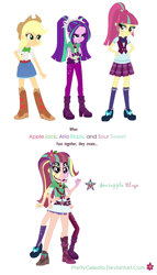 Size: 792x1386 | Tagged: safe, artist:prettycelestia, derpibooru import, applejack, aria blaze, sour sweet, equestria girls, clothes, flower, flower in hair, four arms, fusion, gem, jewelry, many eyes, many legs, ponytail, ring, shedding, siren gem, skirt, skirt suit, suit, two mouths, what have you done?!