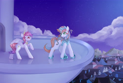 Size: 6000x4072 | Tagged: safe, artist:myriadstar, derpibooru import, oc, oc only, oc:芳棠, oc:雀玲, pegasus, pony, unicorn, absurd resolution, balcony, cloud, cover art, duo, duo female, female, glasses, looking at each other, looking at someone, mare, quill