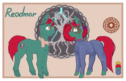 Size: 3700x2400 | Tagged: safe, artist:chapaevv, derpibooru import, oc, oc:reodmor, pony, unicorn, commission, duo, female, feral, male, reference sheet