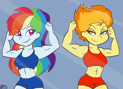 Size: 884x636 | Tagged: source needed, safe, artist:purfectprincessgirl, derpibooru import, rainbow dash, spitfire, human, equestria girls, abs, belly button, biceps, clothes, fitfire, flexing, flexing muscles, midriff, mirror, muscles, rainbuff dash, shorts, smiling, sports bra, sports shorts