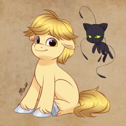 Size: 2048x2048 | Tagged: safe, artist:artharuhi, derpibooru import, earth pony, pony, adrien agreste, cute, ears, floppy ears, kwami, looking at you, male, miraculous ladybug, plagg, ponified, sitting, smiling, teenager